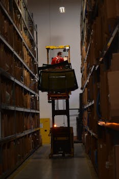 A worker navigates a forklift through a warehouse aisle, managing inventory.